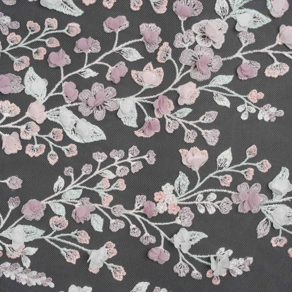 Embroidered Lace with 3D Fabric Flowers - Pastel Purple, Baby Pink and Mint Green Growing Flowers Embroidered Lace with 3D Fabric Flowers - Pastel Purple, Baby Pink and Mint Green Growing Flowers