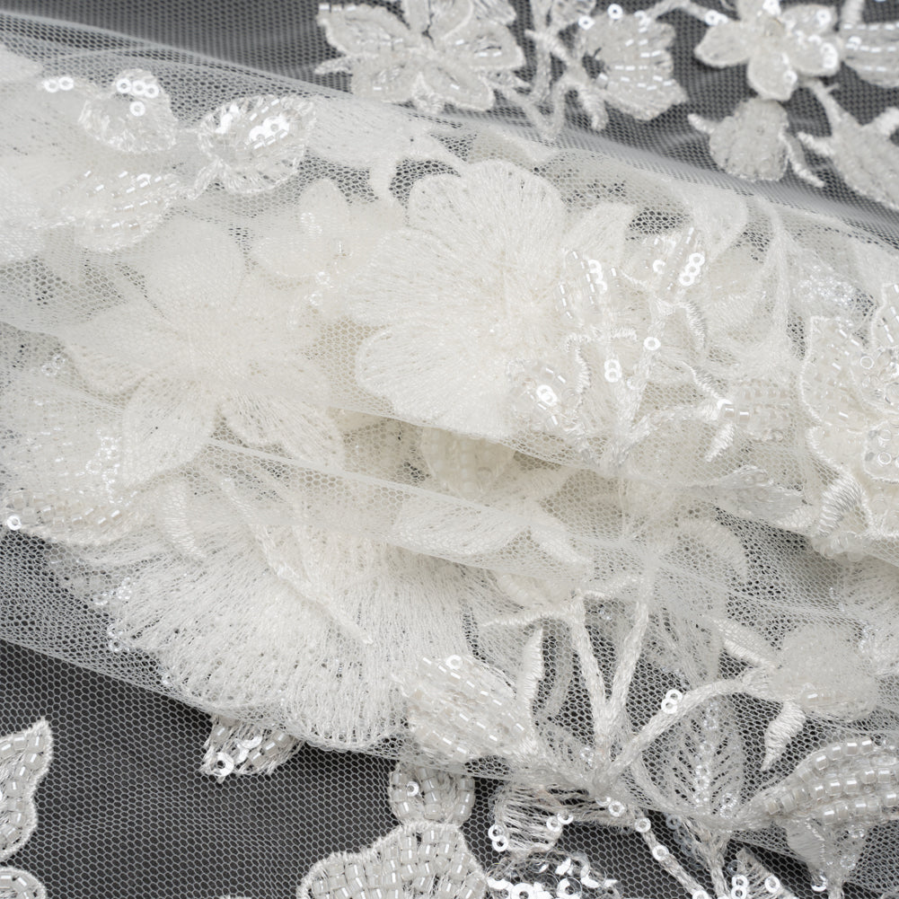 Embroidered 3D Lace with Beads and Sequins - White Blooming Stems Embroidered 3D Lace with Beads and Sequins - White Blooming Stems