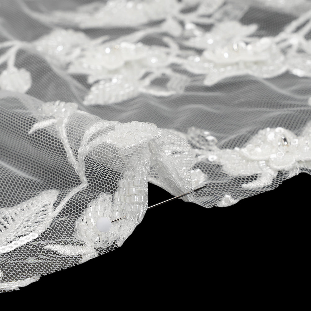 Embroidered 3D Lace with Beads and Sequins - White Blooming Stems Embroidered 3D Lace with Beads and Sequins - White Blooming Stems