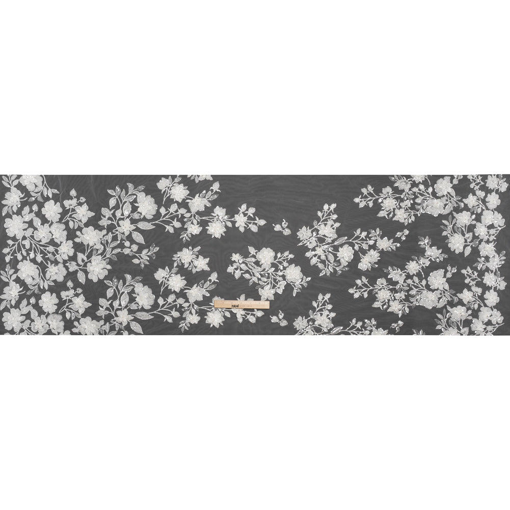 Embroidered 3D Lace with Beads and Sequins - White Blooming Stems Embroidered 3D Lace with Beads and Sequins - White Blooming Stems