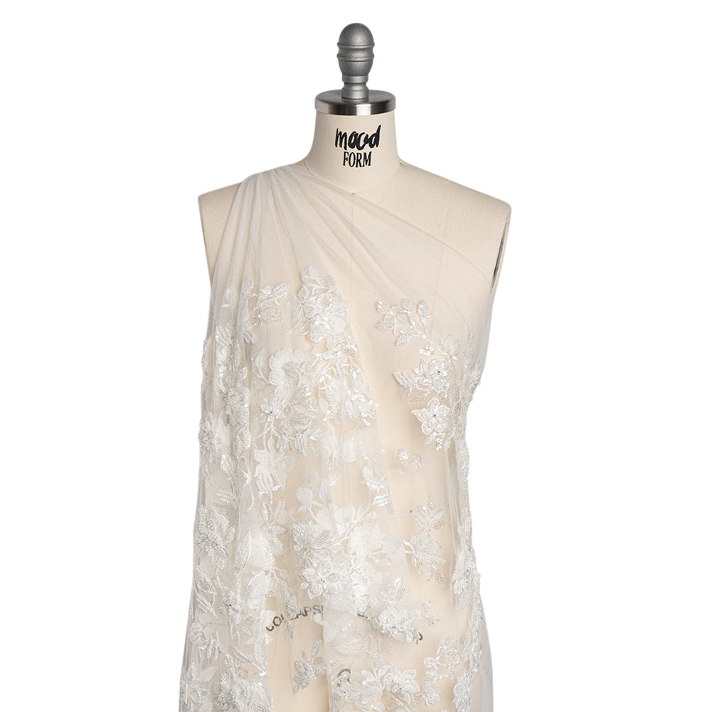 Embroidered 3D Lace with Beads and Sequins - White Blooming Stems Embroidered 3D Lace with Beads and Sequins - White Blooming Stems