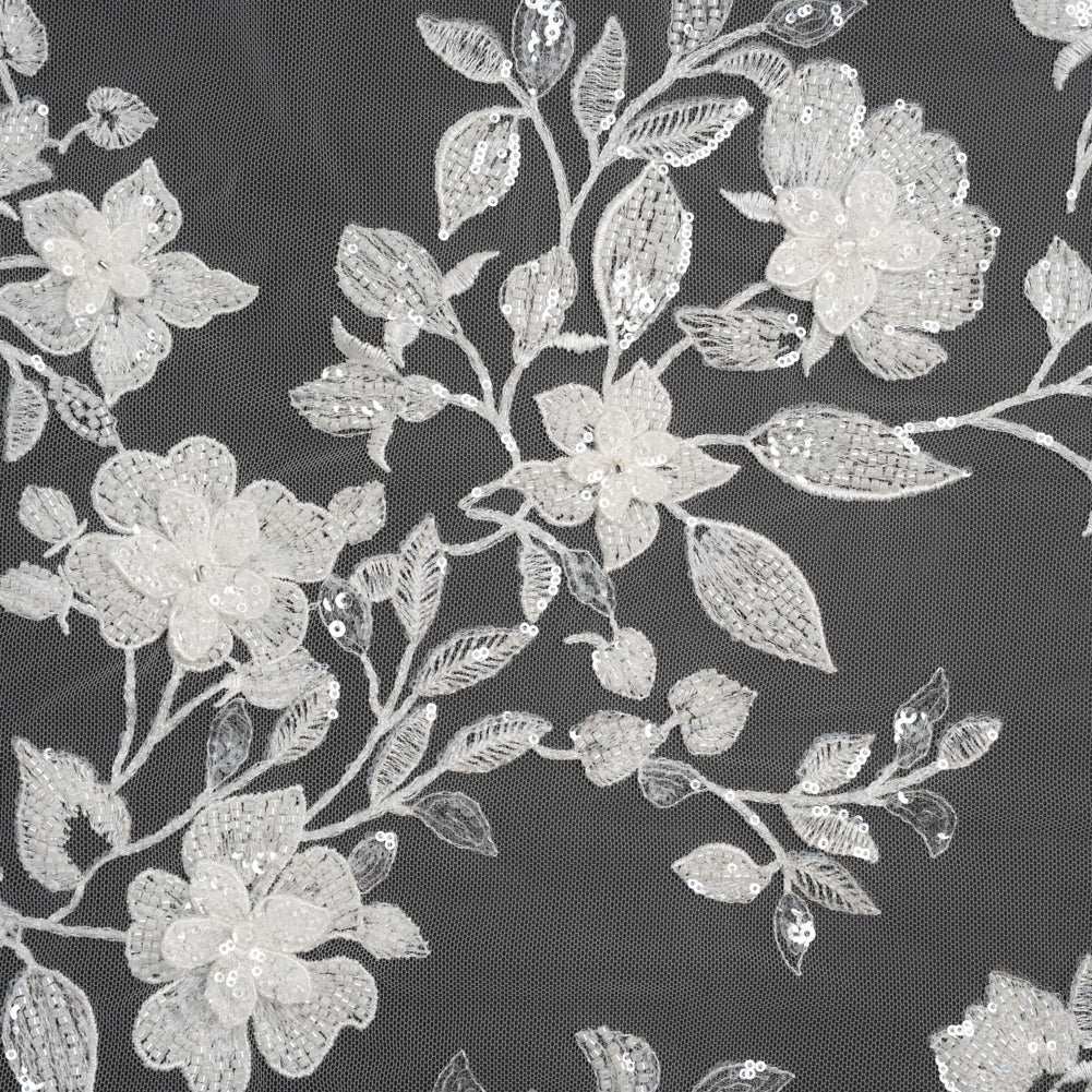 Embroidered 3D Lace with Beads and Sequins - White Blooming Stems Embroidered 3D Lace with Beads and Sequins - White Blooming Stems