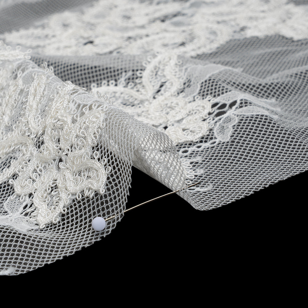 Picot Braid Embroidered Chantilly Lace with Finished Edges - White and Ivory Floral Swirls Picot Braid Embroidered Chantilly Lace with Finished Edges - White and Ivory Floral Swirls
