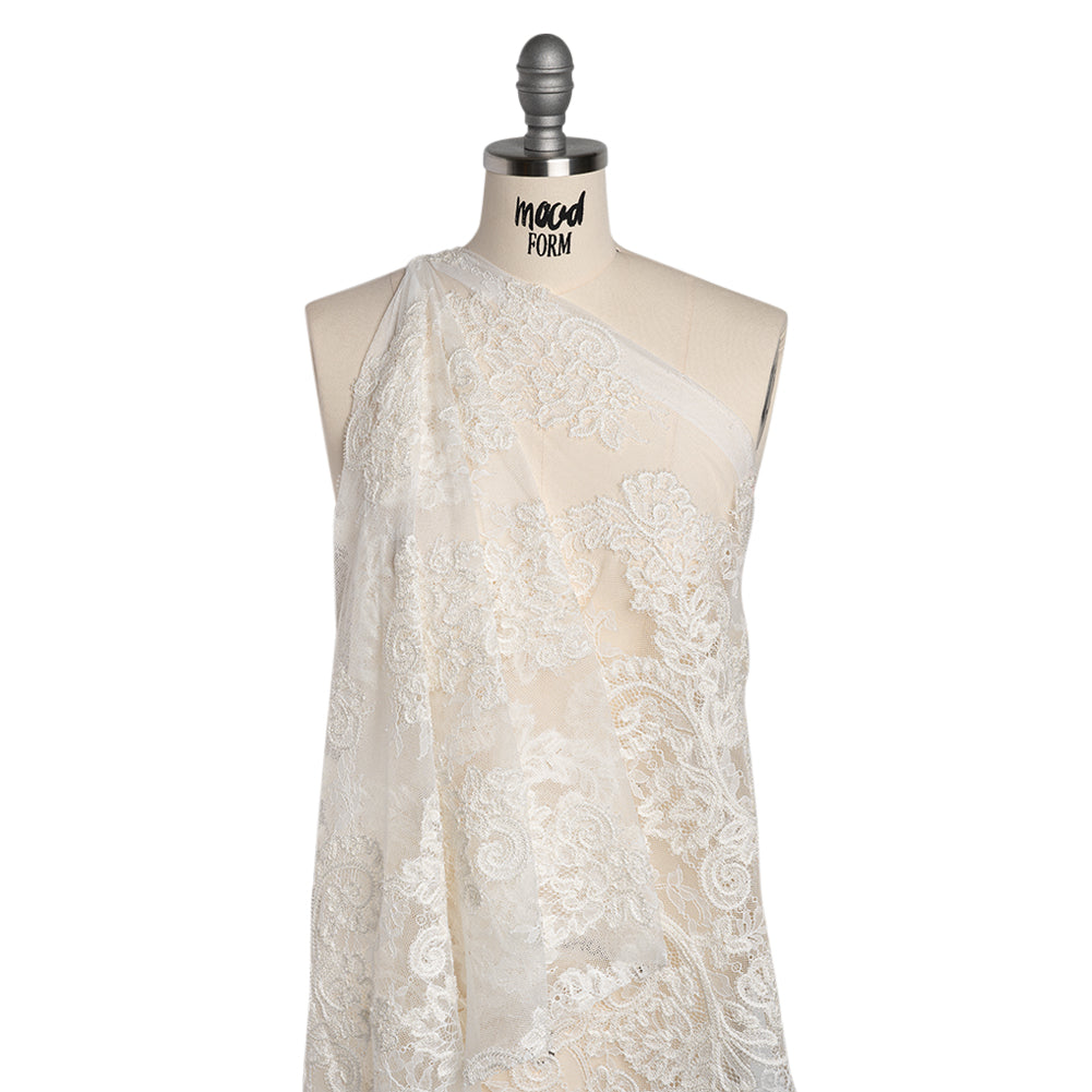 Picot Braid Embroidered Chantilly Lace with Finished Edges - White and Ivory Floral Swirls Picot Braid Embroidered Chantilly Lace with Finished Edges - White and Ivory Floral Swirls
