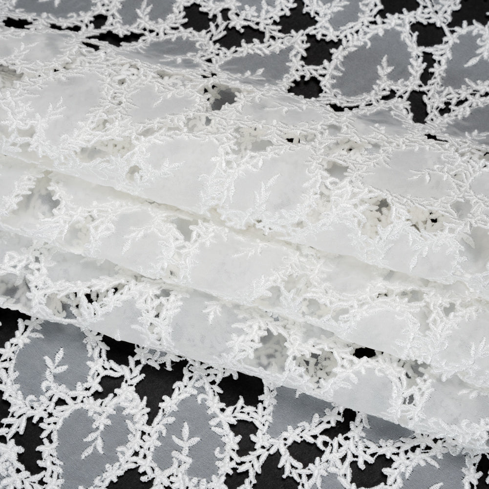 Burnout Embroidered Lace with Finished Edges - White Leafy Lines Burnout Embroidered Lace with Finished Edges - White Leafy Lines