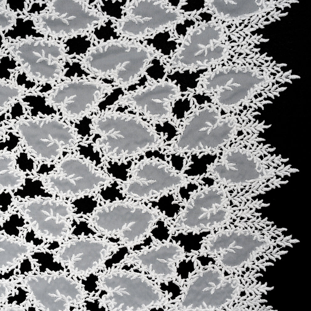Burnout Embroidered Lace with Finished Edges - White Leafy Lines Burnout Embroidered Lace with Finished Edges - White Leafy Lines