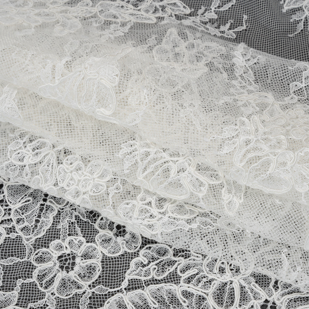 Corded Chantilly Lace with Finished Edges - Ivory Tropical Leaves and Flowers Corded Chantilly Lace with Finished Edges - Ivory Tropical Leaves and Flowers