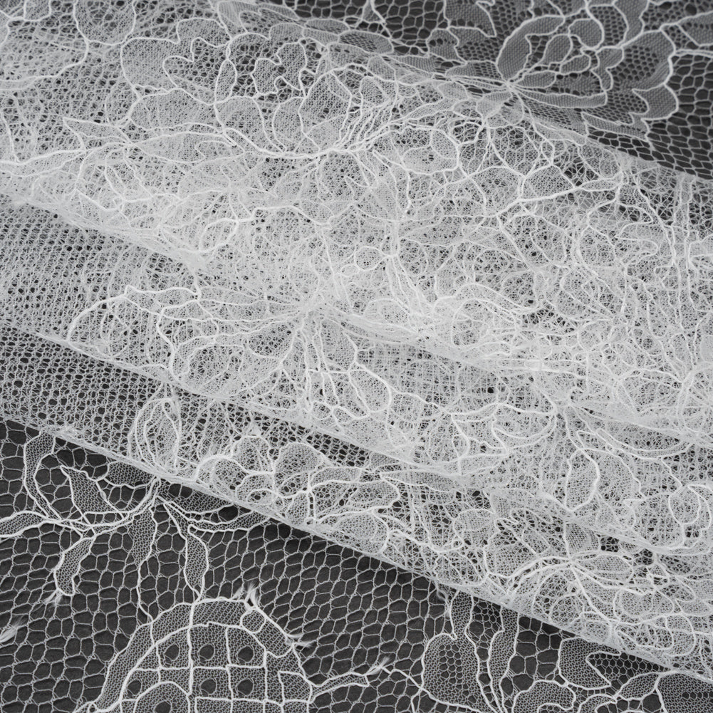 Delicate Chantilly Lace with Finished Edges - White Floral and Swirls Delicate Chantilly Lace with Finished Edges - White Floral and Swirls