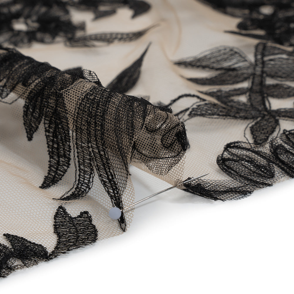 Embroidered Lace with 3D Tulle Applique - Nude and Black Floral Embroidered Lace with 3D Tulle Applique - Nude and Black Floral