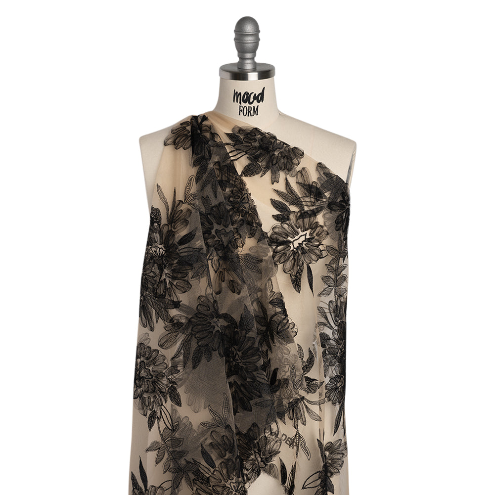 Embroidered Lace with 3D Tulle Applique - Nude and Black Floral Embroidered Lace with 3D Tulle Applique - Nude and Black Floral