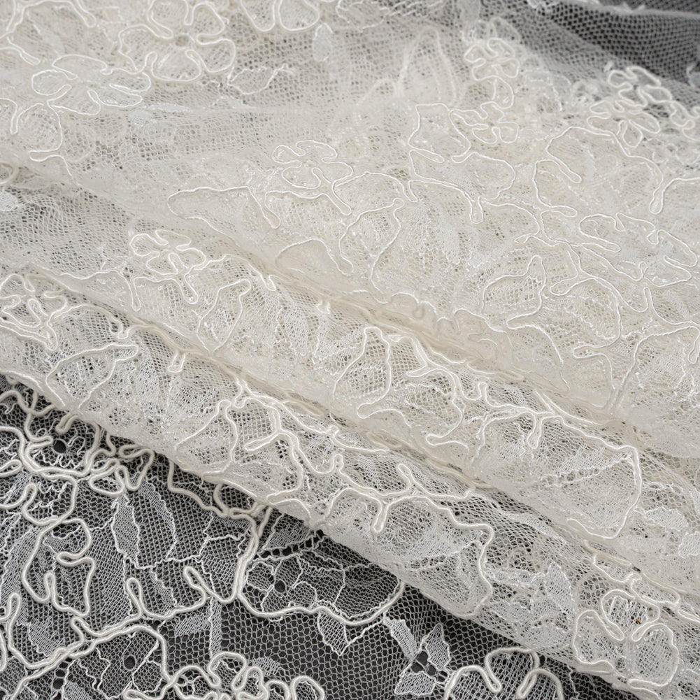 Corded Chantilly Lace with Scalloped Eyelash Edges - 12" - Ivory and White Floral Rings Detail Corded Chantilly Lace with Scalloped Eyelash Edges - 12" - Ivory and White Floral Rings Detail