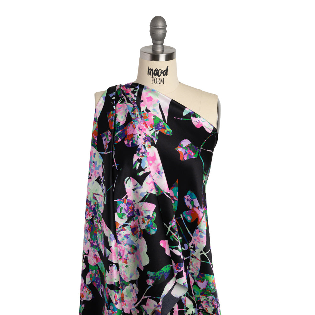 Silk Charmeuse Print - Black, Pink and Green Splatter Painted Florals Detail Silk Charmeuse Print - Black, Pink and Green Splatter Painted Florals Detail