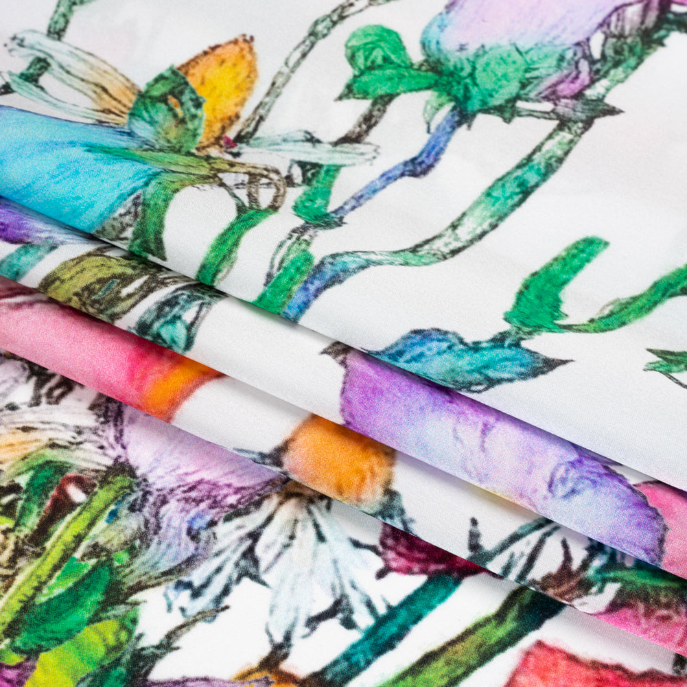 Silk Charmeuse Print - Rainbow and White Floral Border Full Silk Charmeuse Print - Rainbow and White Floral Border Full