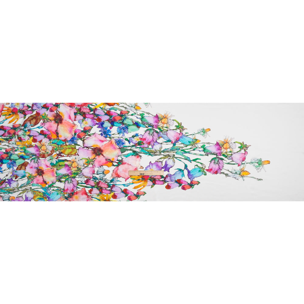 Silk Charmeuse Print - Rainbow and White Floral Border Drape Silk Charmeuse Print - Rainbow and White Floral Border Drape