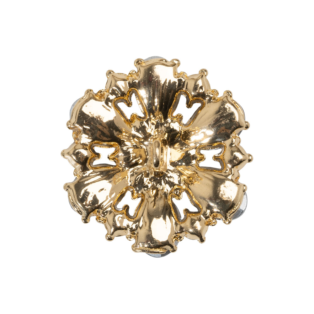 Rhinestone and Metal Shank Back Button - 40L/25.5mm - Blue, Crystal and Gold Big Flower - Detail Rhinestone and Metal Shank Back Button - 40L/25.5mm - Blue, Crystal and Gold Big Flower - Detail