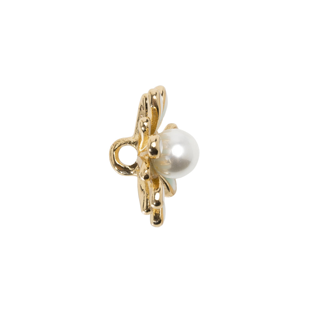 Enameled Metal and Pearl Shank Back Button - 30L/19mm - Green, Pearl White, and Gold Flower Enameled Metal and Pearl Shank Back Button - 30L/19mm - Green, Pearl White, and Gold Flower