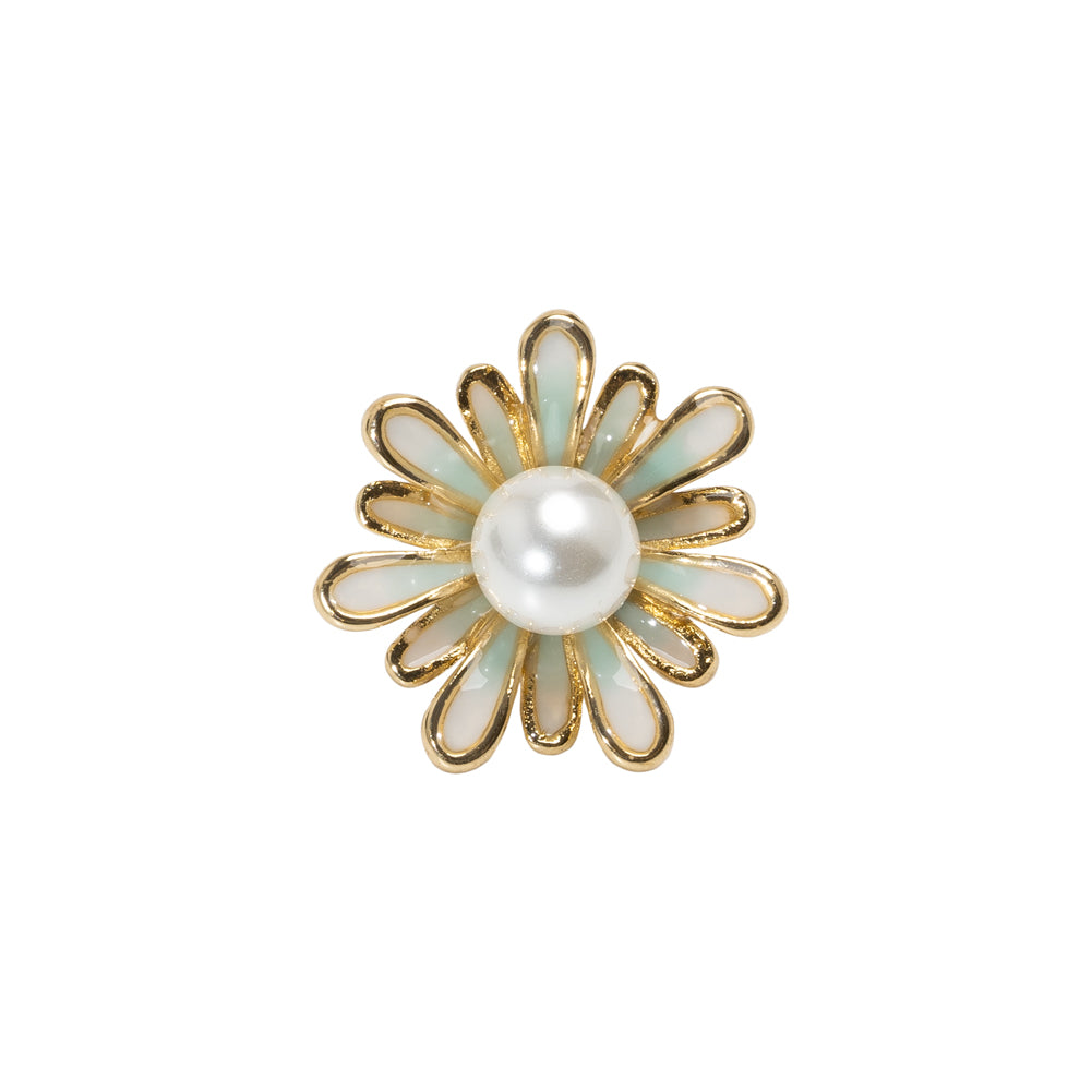 Enameled Metal and Pearl Shank Back Button - 30L/19mm - Green, Pearl White, and Gold Flower Enameled Metal and Pearl Shank Back Button - 30L/19mm - Green, Pearl White, and Gold Flower