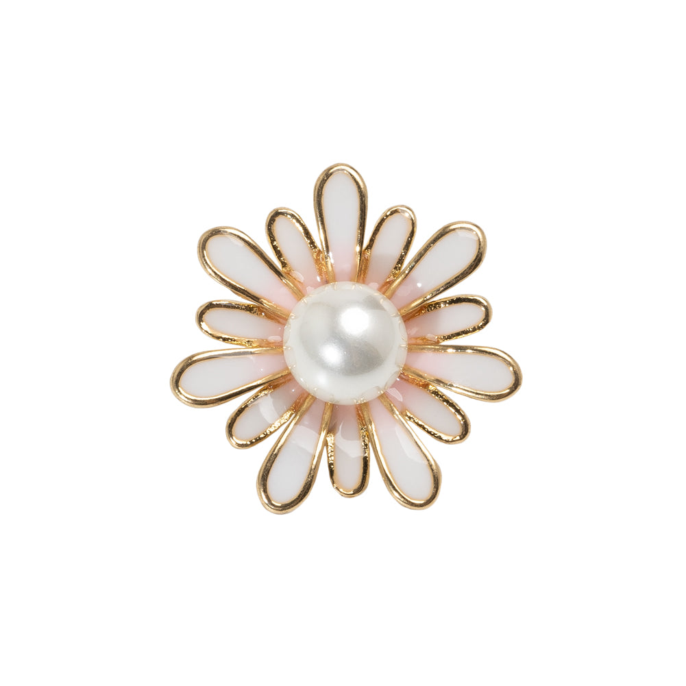 Enameled Metal and Pearl Shank Back Button - 36L/23mm - Pink, Pearl White, and Gold Flower Enameled Metal and Pearl Shank Back Button - 36L/23mm - Pink, Pearl White, and Gold Flower