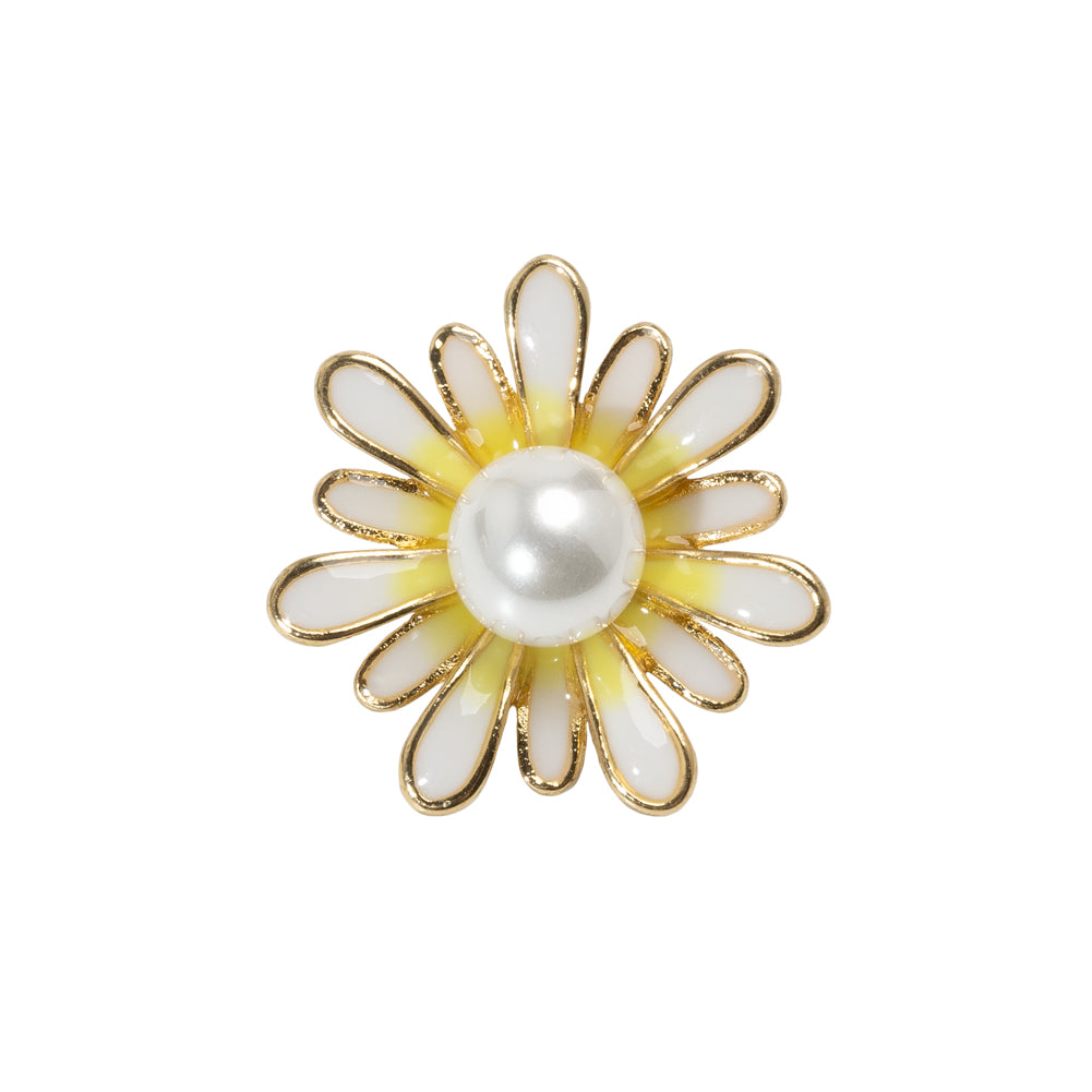 Enameled Metal and Pearl Shank Back Button - 36L/23mm - Yellow, Pearl White, and Gold Flower Enameled Metal and Pearl Shank Back Button - 36L/23mm - Yellow, Pearl White, and Gold Flower