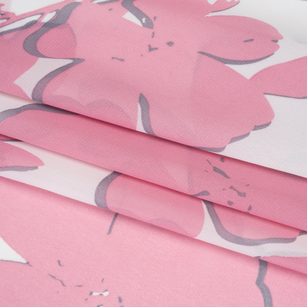 Polyester Chiffon - Blush Pink and White Flowers and Leaves - Designer Deadstock Polyester Chiffon - Blush Pink and White Flowers and Leaves - Designer Deadstock