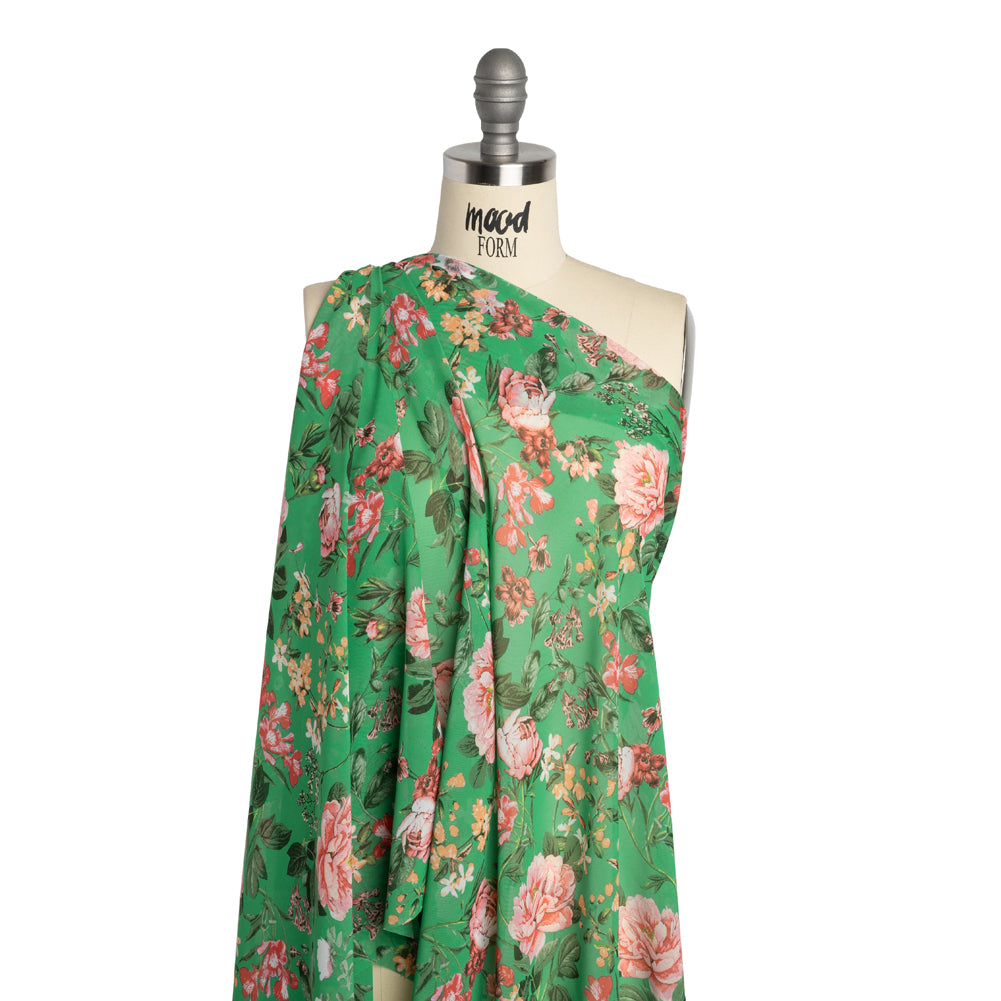 Polyester Chiffon - Kelly Green and Pink Floral - Designer Deadstock Polyester Chiffon - Kelly Green and Pink Floral - Designer Deadstock