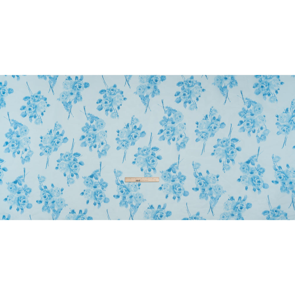 Polyester Chiffon - Sky Blue Ikat Roses - Designer Deadstock Polyester Chiffon - Sky Blue Ikat Roses - Designer Deadstock