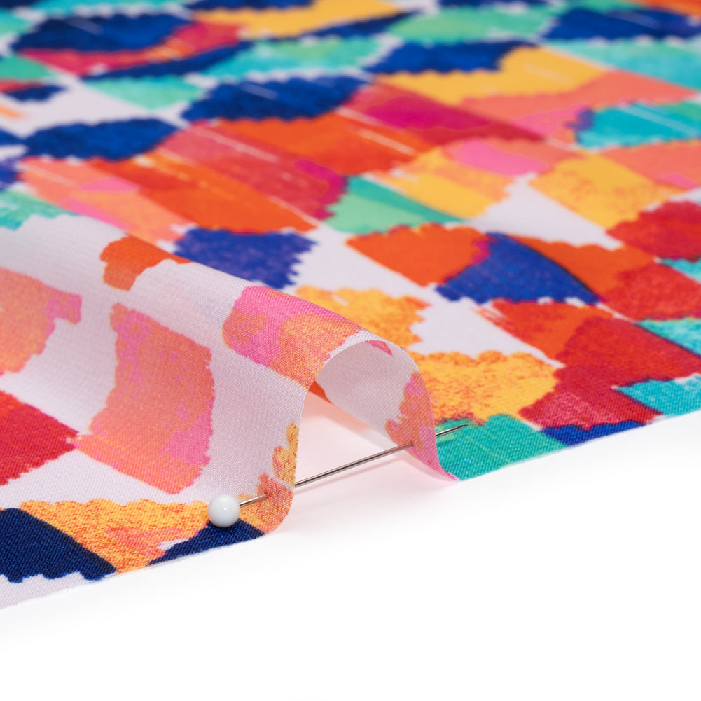 Polyester Chiffon - Orange, Pink and Blue Painted Triangles and Diamonds - Designer Deadstock - Detail Polyester Chiffon - Orange, Pink and Blue Painted Triangles and Diamonds - Designer Deadstock - Detail