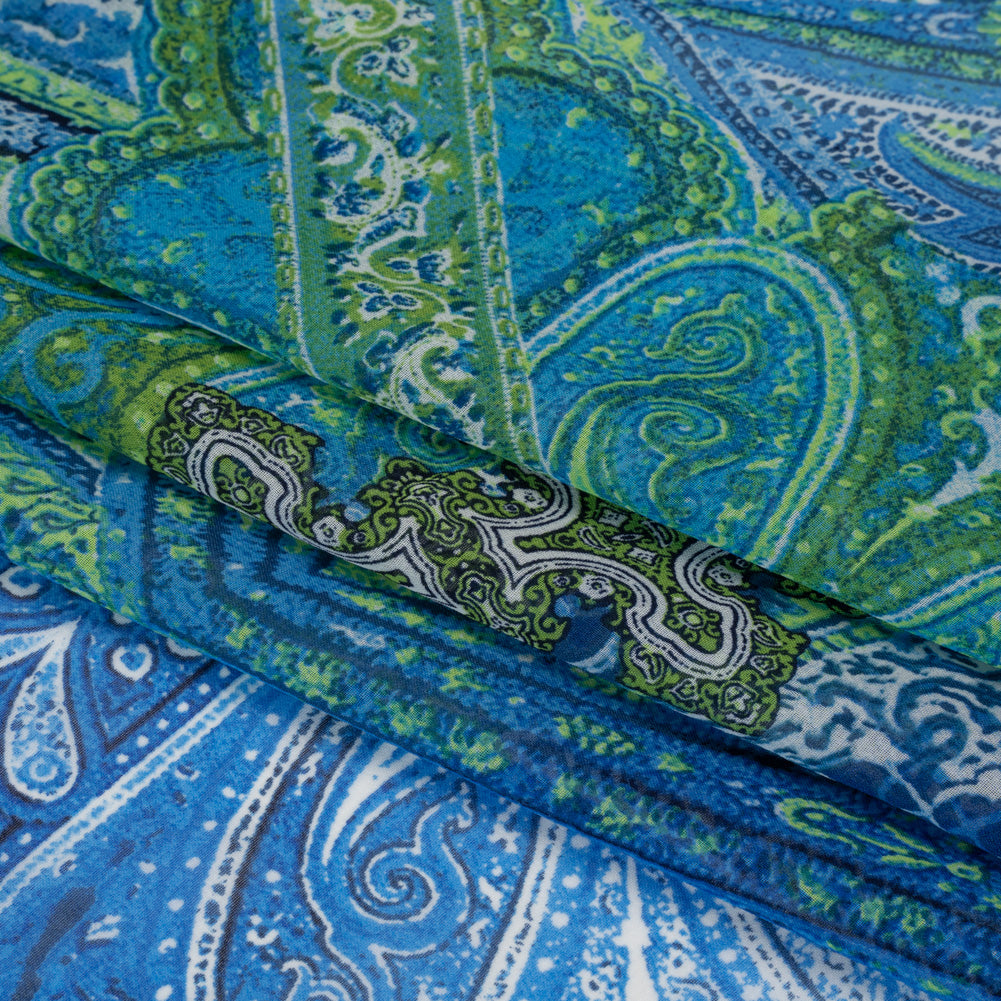 Polyester Chiffon - Blue and Green Ornate Paisley Patchwork - Designer Deadstock Polyester Chiffon - Blue and Green Ornate Paisley Patchwork - Designer Deadstock
