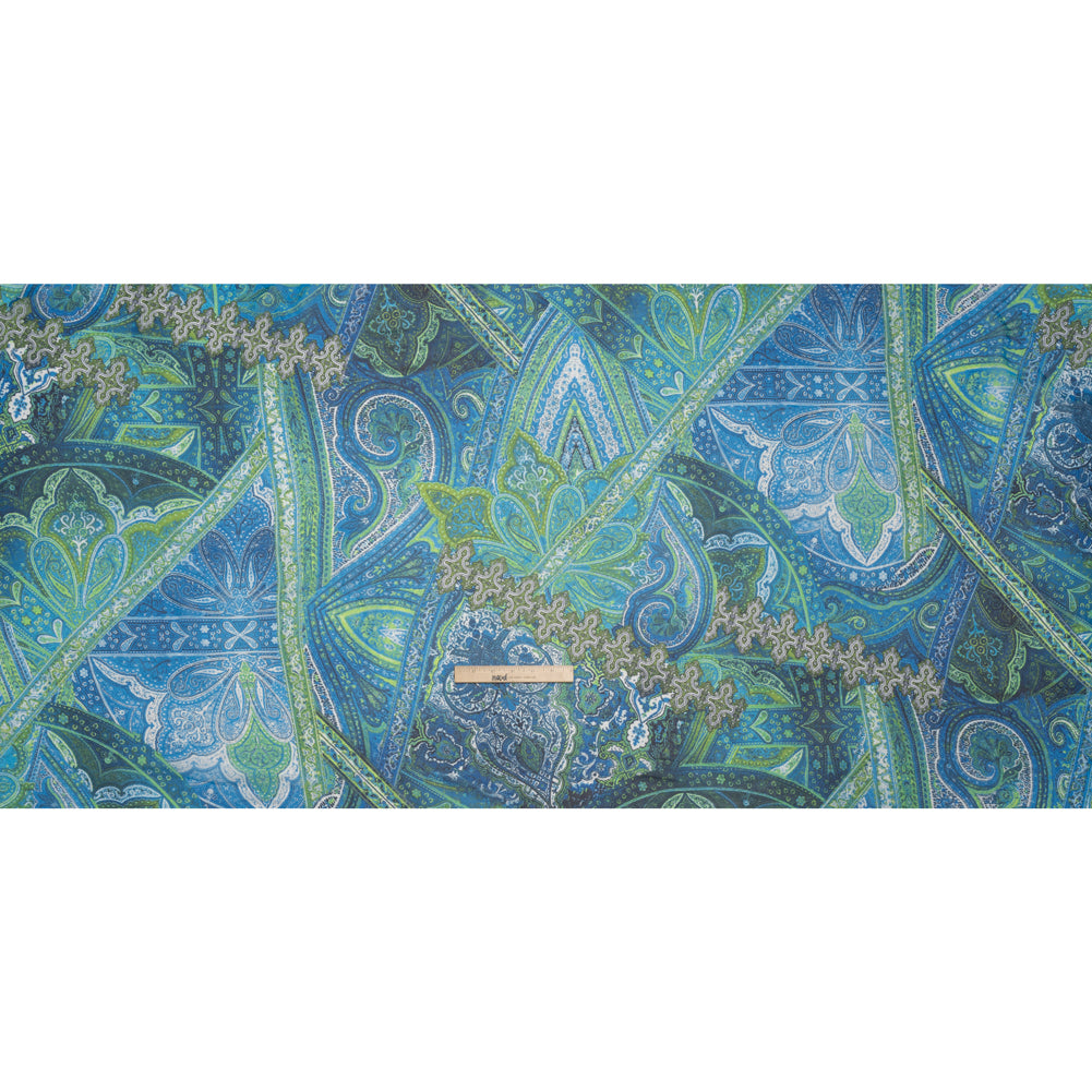 Polyester Chiffon - Blue and Green Ornate Paisley Patchwork - Designer Deadstock Polyester Chiffon - Blue and Green Ornate Paisley Patchwork - Designer Deadstock
