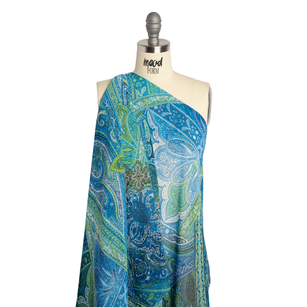 Polyester Chiffon - Blue and Green Ornate Paisley Patchwork - Designer Deadstock Polyester Chiffon - Blue and Green Ornate Paisley Patchwork - Designer Deadstock