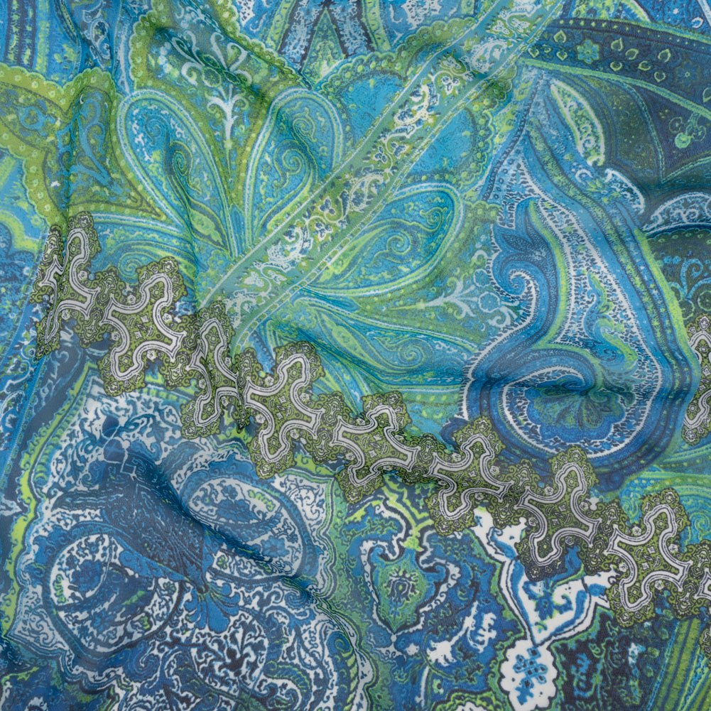 Polyester Chiffon - Blue and Green Ornate Paisley Patchwork - Designer Deadstock Polyester Chiffon - Blue and Green Ornate Paisley Patchwork - Designer Deadstock