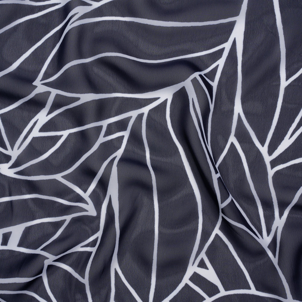 Polyester Chiffon - Navy Blue and White Overlapping Leaves - Designer Deadstock Polyester Chiffon - Navy Blue and White Overlapping Leaves - Designer Deadstock