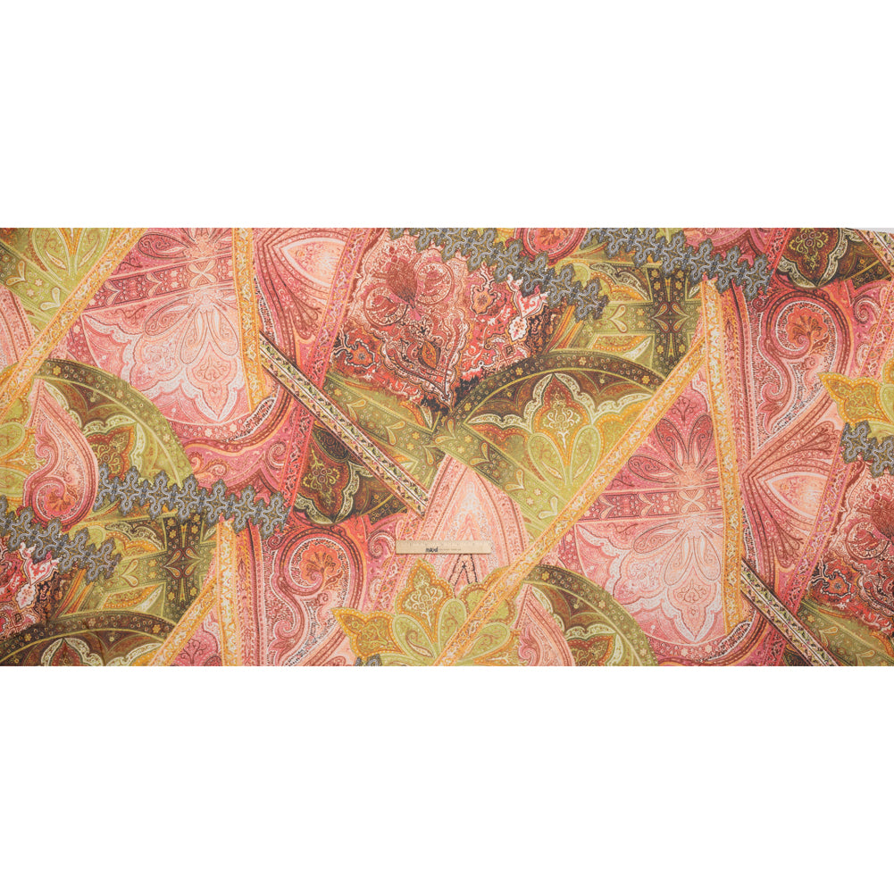Polyester Chiffon - Yellow and Coral Rose Ornate Paisley Patchwork - Designer Deadstock Polyester Chiffon - Yellow and Coral Rose Ornate Paisley Patchwork - Designer Deadstock