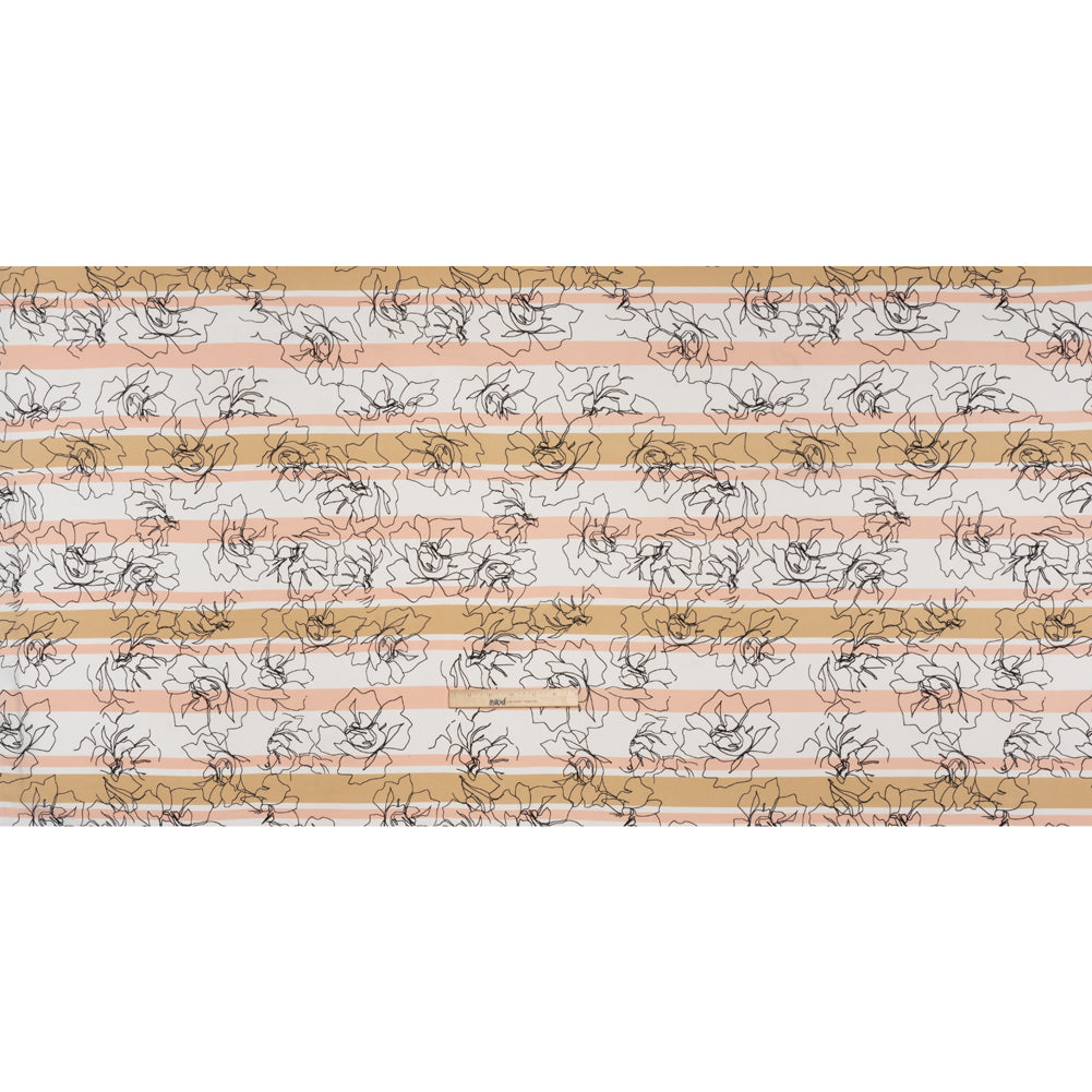 Polyester Georgette - White, Pale Pink and Beige Stripes and Floral Outlines - Designer Deadstock Polyester Georgette - White, Pale Pink and Beige Stripes and Floral Outlines - Designer Deadstock