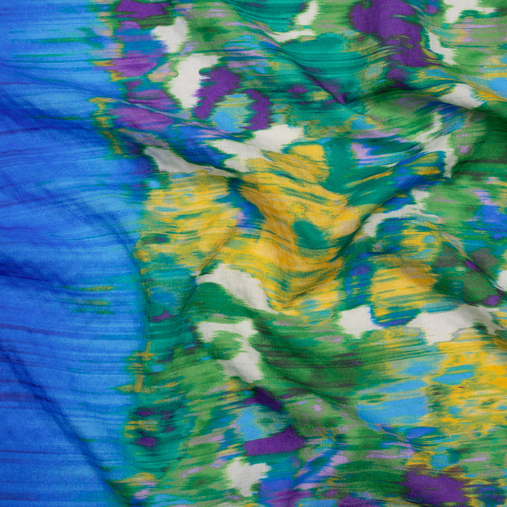 Stretch Polyester Seersucker - Bright Blue, Lime Green and Yellow Ikat Floral - Designer Deadstock Stretch Polyester Seersucker - Bright Blue, Lime Green and Yellow Ikat Floral - Designer Deadstock