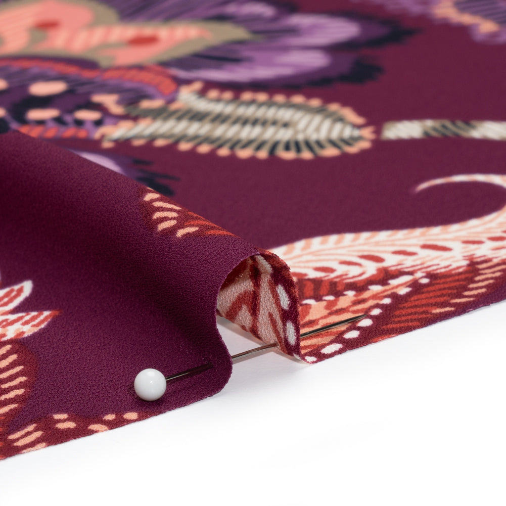 Polyester Crepe Print - Berry, Coral Pink, and Purple Jacobean Floral - Designer Deadstock - Detail Polyester Crepe Print - Berry, Coral Pink, and Purple Jacobean Floral - Designer Deadstock - Detail