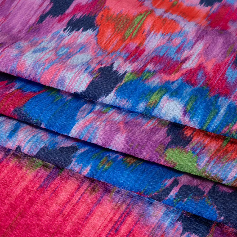Stretch Polyester Seersucker - Bright Pink, Purple and Blue Ikat Floral - Designer Deadstock Stretch Polyester Seersucker - Bright Pink, Purple and Blue Ikat Floral - Designer Deadstock
