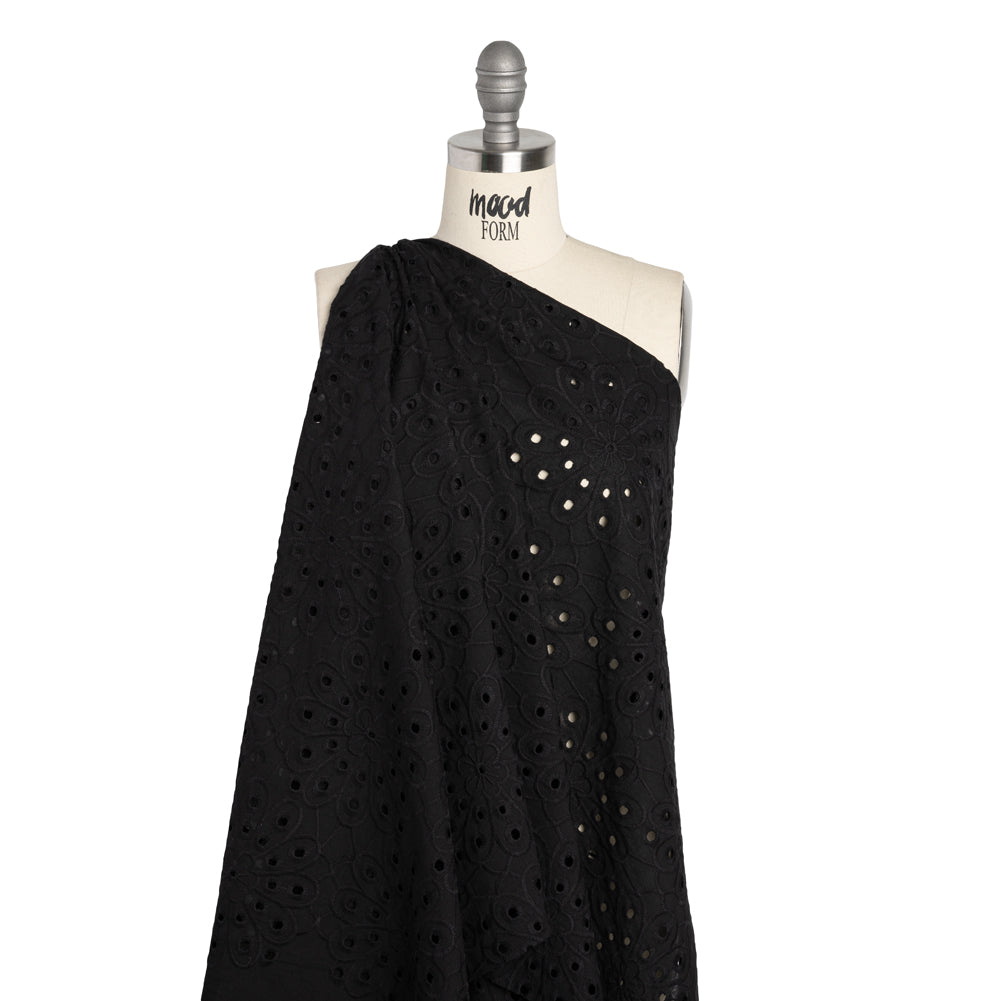 Cotton Embroidered and Eyelet Woven - Black Floral - Designer Deadstock Cotton Embroidered and Eyelet Woven - Black Floral - Designer Deadstock