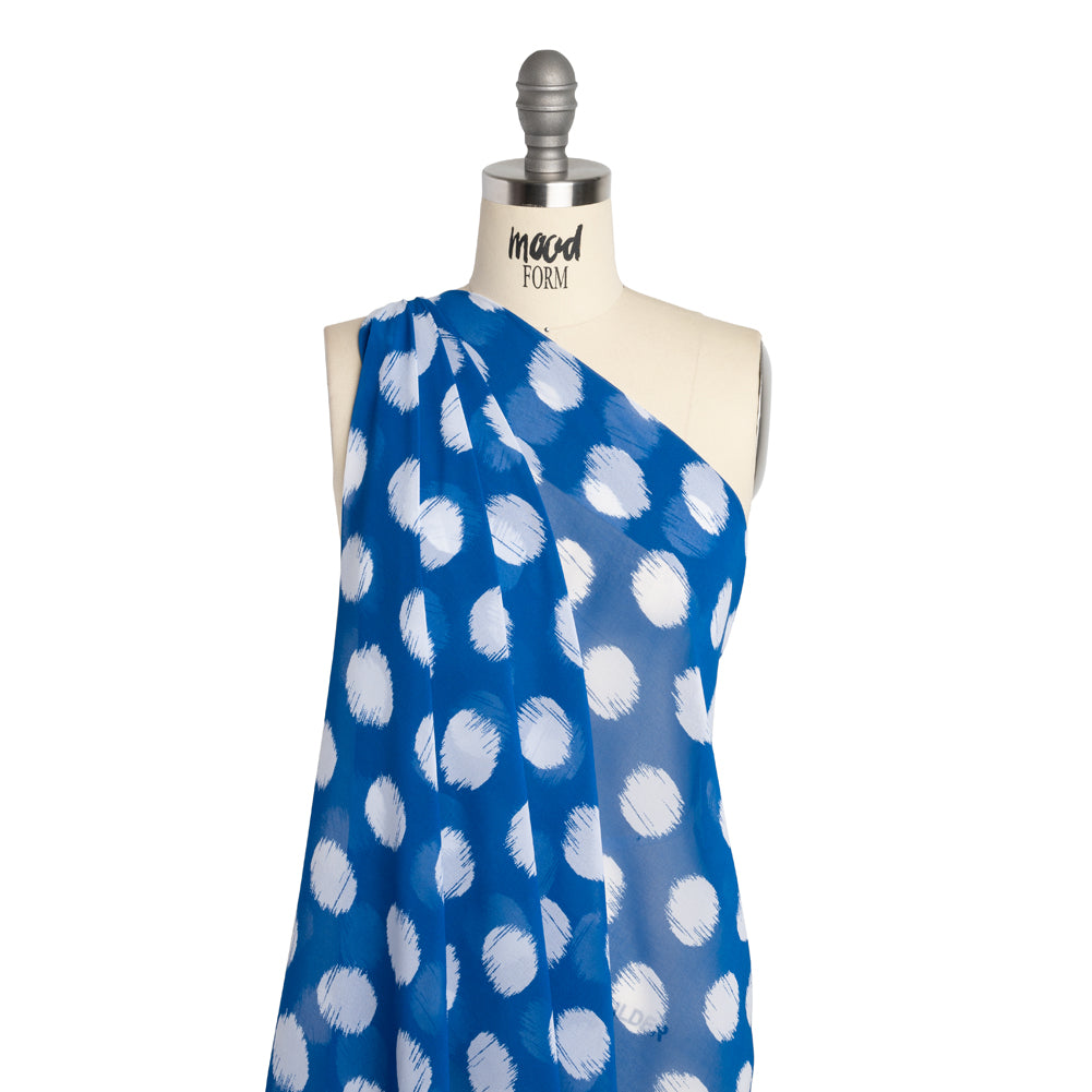 Polyester Chiffon - Bright Blue and White Brushed Polka Dots - Designer Deadstock Polyester Chiffon - Bright Blue and White Brushed Polka Dots - Designer Deadstock