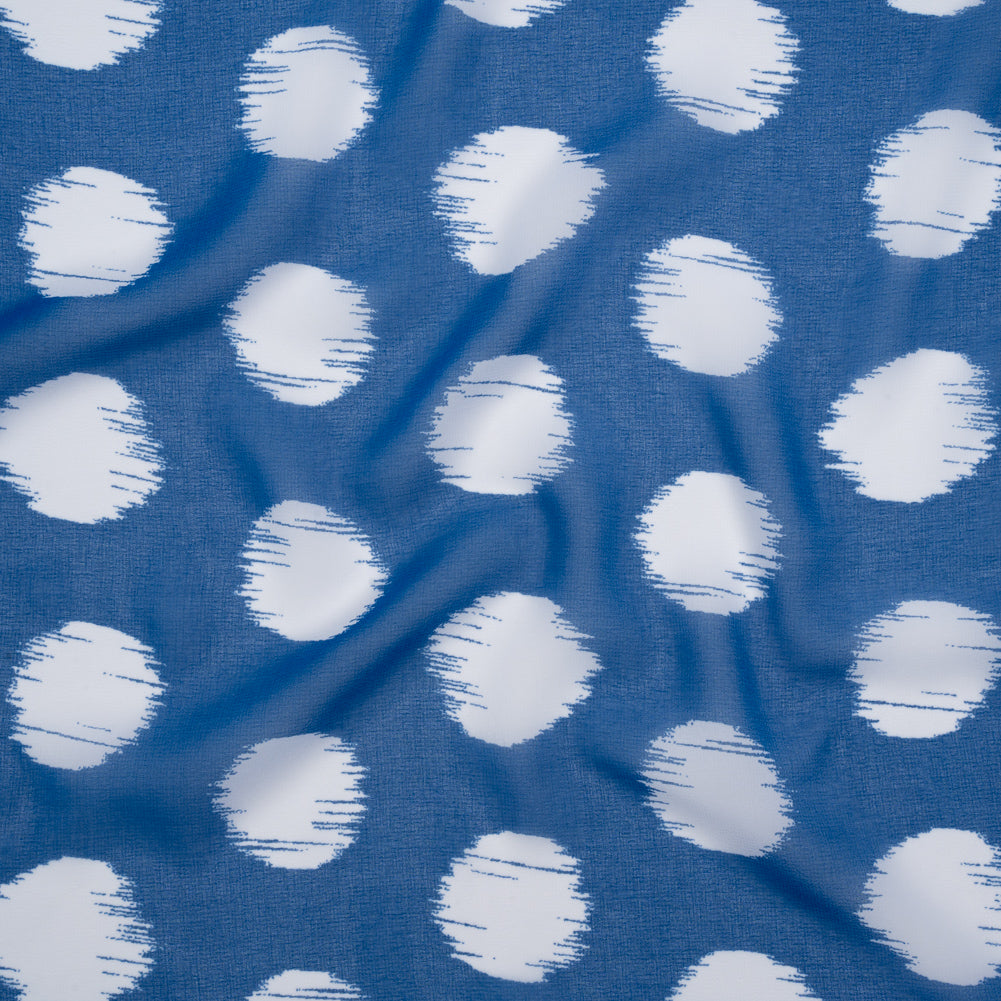 Polyester Chiffon - Bright Blue and White Brushed Polka Dots - Designer Deadstock Polyester Chiffon - Bright Blue and White Brushed Polka Dots - Designer Deadstock