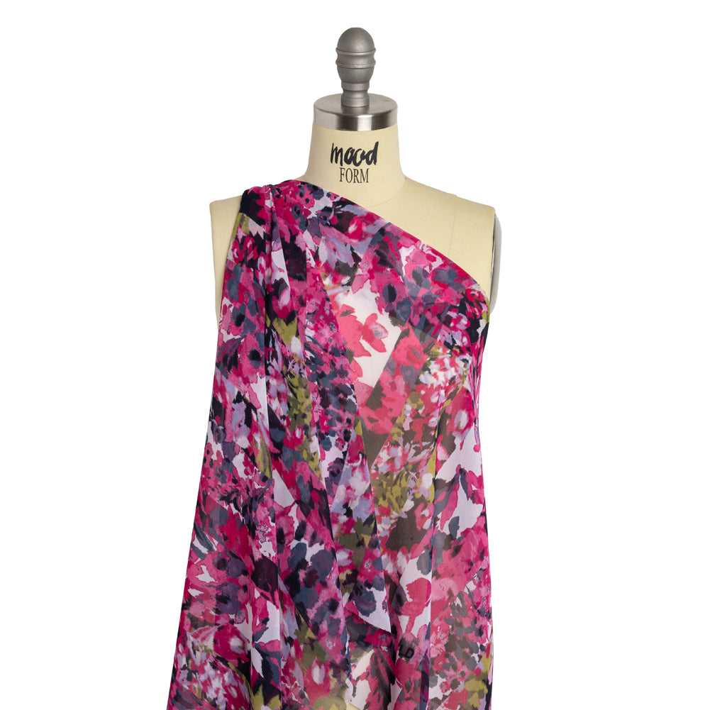 Polyester Georgette Print - Pink, Navy and Olive Green Floral Stripes - Designer Deadstock - Drape Polyester Georgette Print - Pink, Navy and Olive Green Floral Stripes - Designer Deadstock - Drape