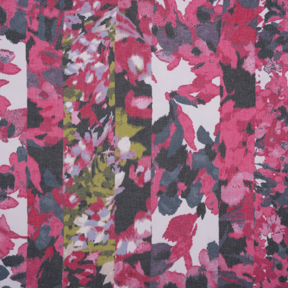 Polyester Georgette Print - Pink, Navy and Olive Green Floral Stripes - Designer Deadstock Polyester Georgette Print - Pink, Navy and Olive Green Floral Stripes - Designer Deadstock