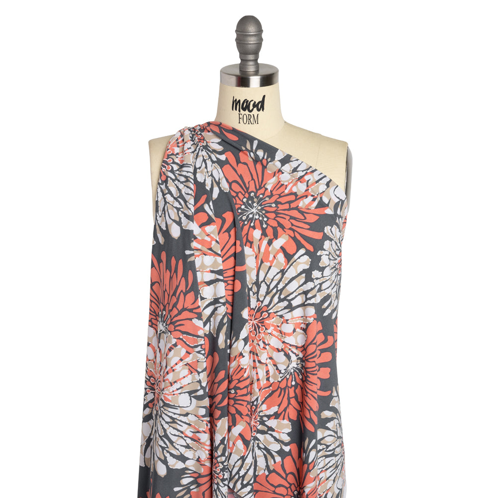 Stretch Polyester Tricot with Puff Print Outlines - Gray, Coral and Beige Floral - Designer Deadstock Stretch Polyester Tricot with Puff Print Outlines - Gray, Coral and Beige Floral - Designer Deadstock
