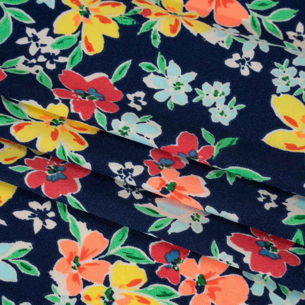 Stretch Polyester Tricot - Navy, Orange and Yellow Floral - Designer Deadstock Stretch Polyester Tricot - Navy, Orange and Yellow Floral - Designer Deadstock