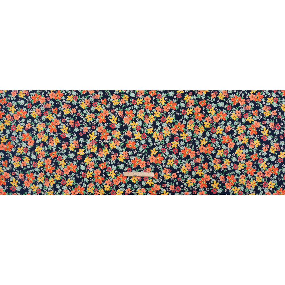 Stretch Polyester Tricot - Navy, Orange and Yellow Floral - Designer Deadstock Stretch Polyester Tricot - Navy, Orange and Yellow Floral - Designer Deadstock