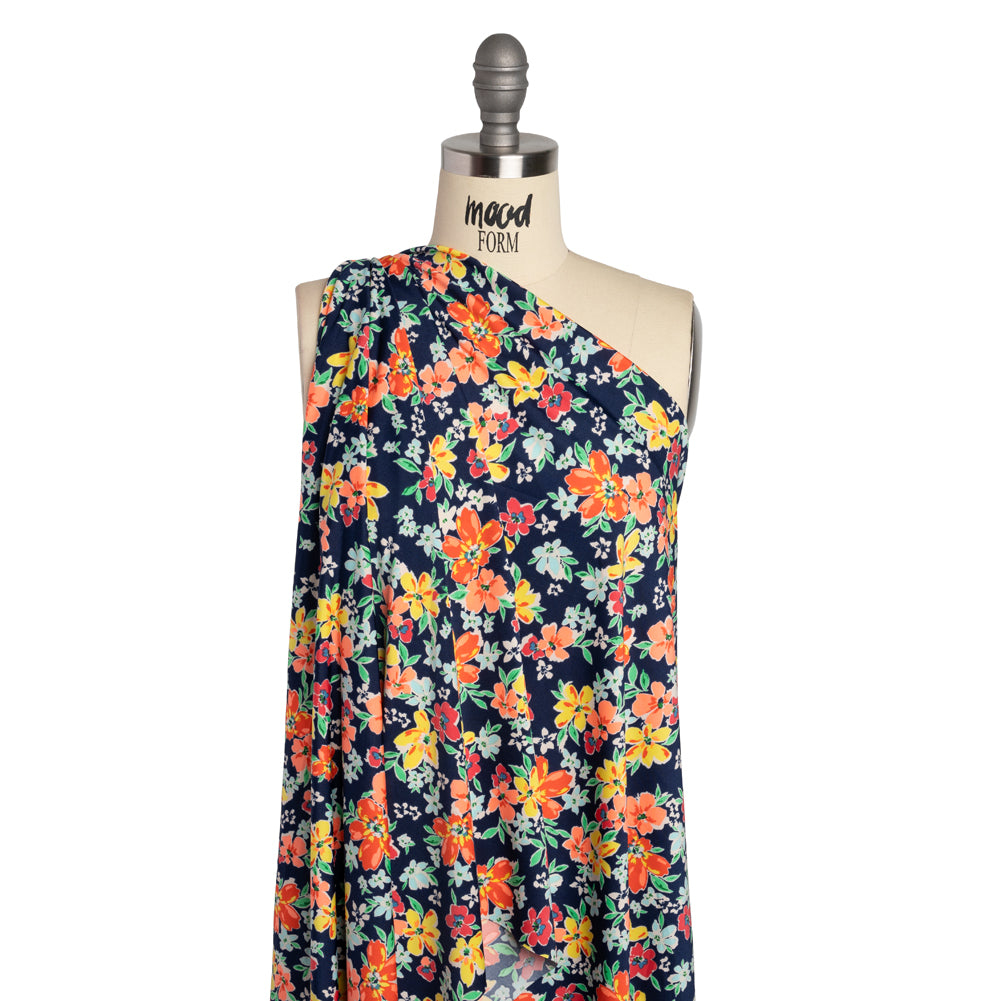Stretch Polyester Tricot - Navy, Orange and Yellow Floral - Designer Deadstock Stretch Polyester Tricot - Navy, Orange and Yellow Floral - Designer Deadstock