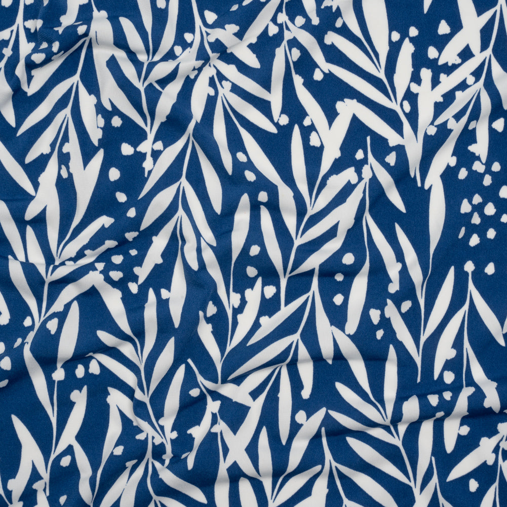 Stretch Polyester Tricot - Dark Blue and White Leafy Stems - Designer Deadstock Stretch Polyester Tricot - Dark Blue and White Leafy Stems - Designer Deadstock