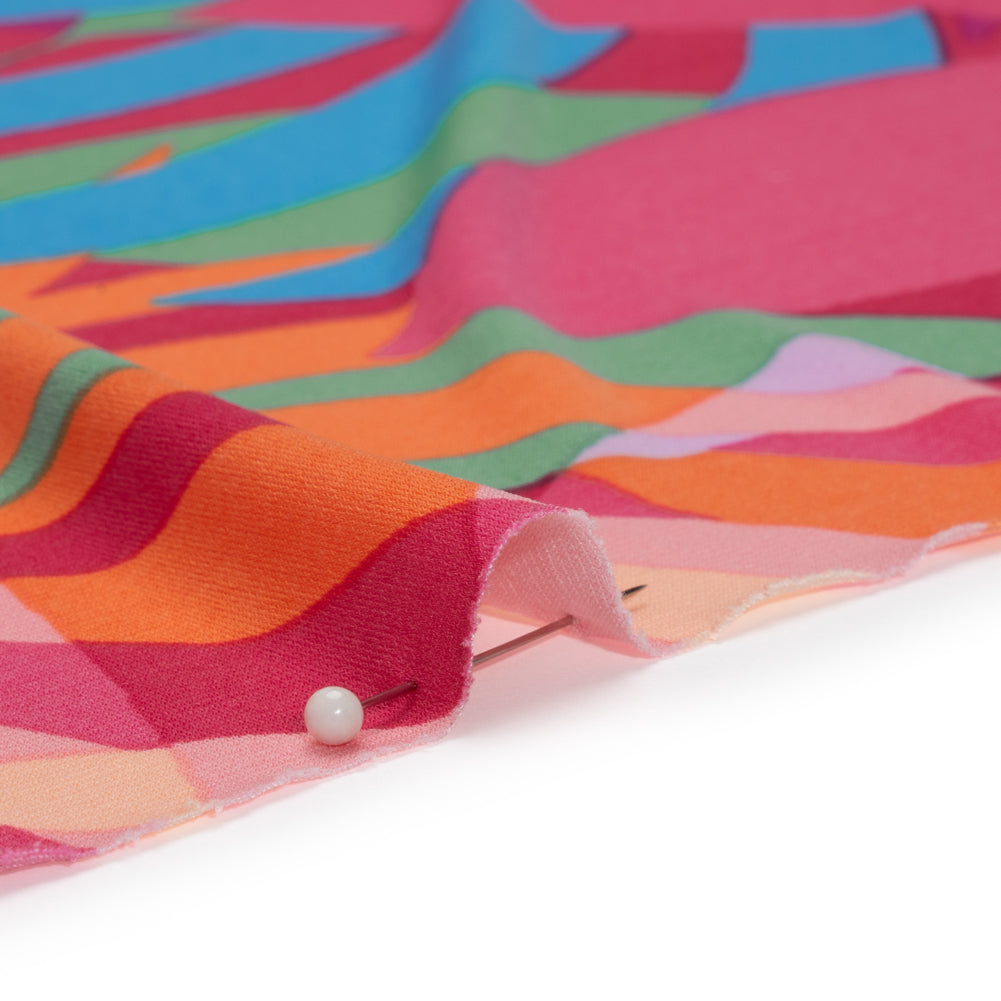 Stretch Polyester Tricot - Magenta, Green and Beige Overlapping Palm Leaves - Designer Deadstock Stretch Polyester Tricot - Magenta, Green and Beige Overlapping Palm Leaves - Designer Deadstock