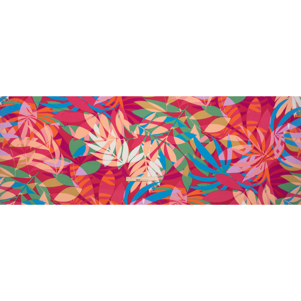 Stretch Polyester Tricot - Magenta, Green and Beige Overlapping Palm Leaves - Designer Deadstock Stretch Polyester Tricot - Magenta, Green and Beige Overlapping Palm Leaves - Designer Deadstock