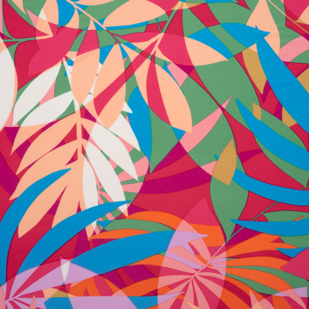 Stretch Polyester Tricot - Magenta, Green and Beige Overlapping Palm Leaves - Designer Deadstock Stretch Polyester Tricot - Magenta, Green and Beige Overlapping Palm Leaves - Designer Deadstock